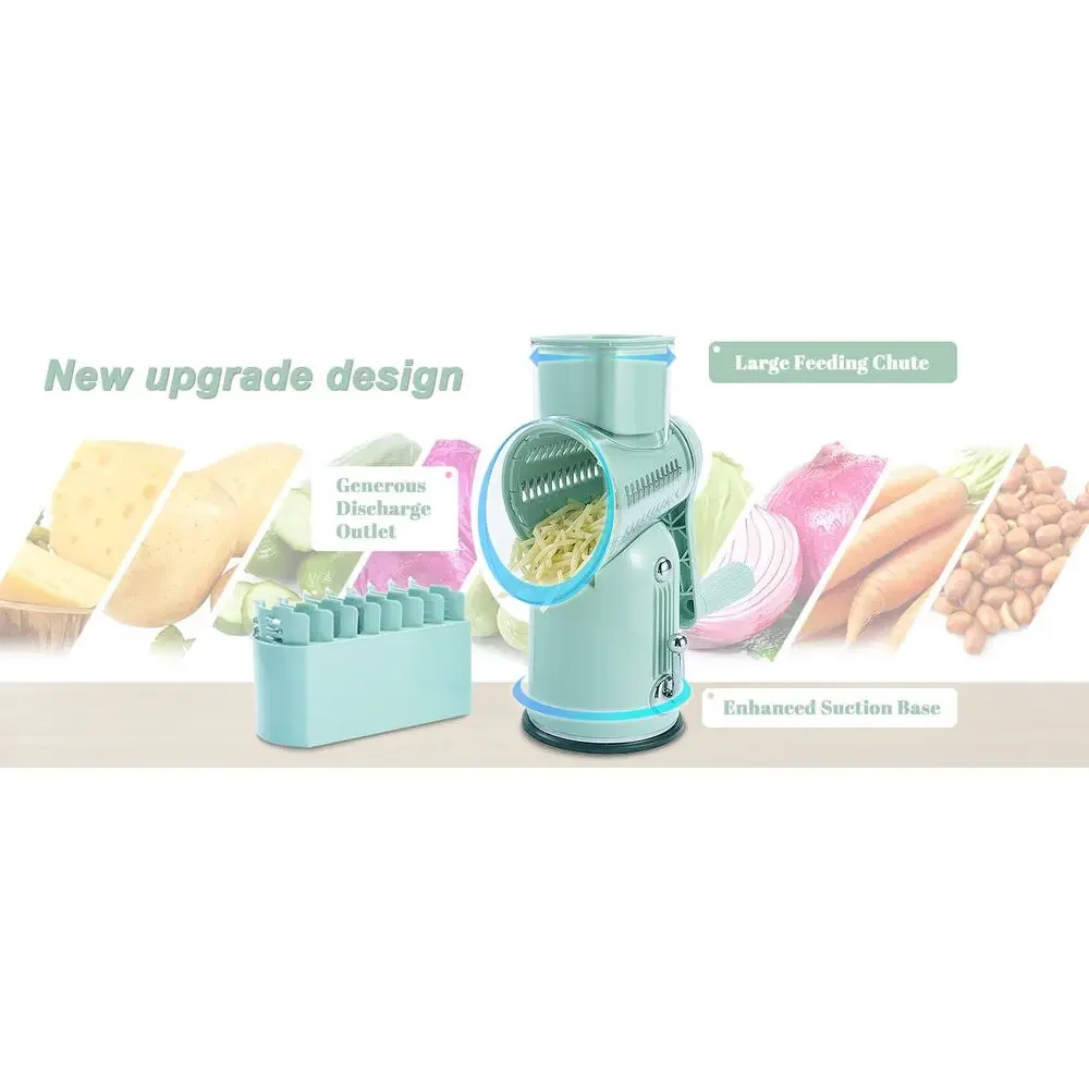 Manual Rotary Cheese Grater 5-in-1 with Suction Base Vegetable Slicer Green